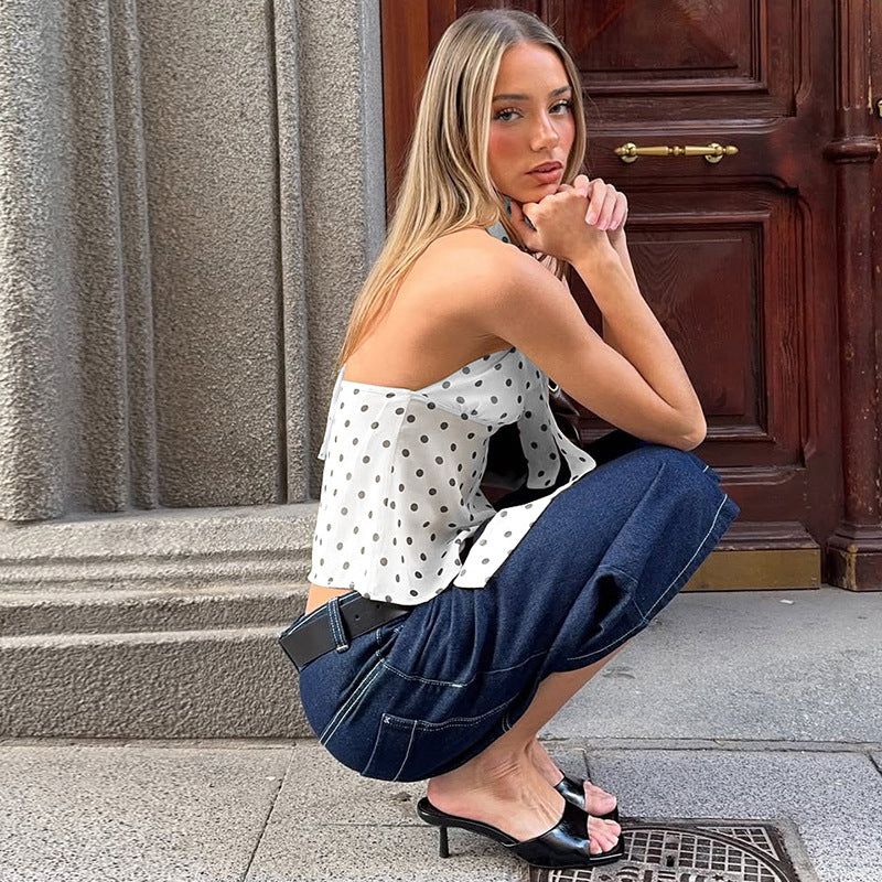 Damen Verspieltes Polka Dot Top mit Halter-Design und schickem Bindedetail Drune