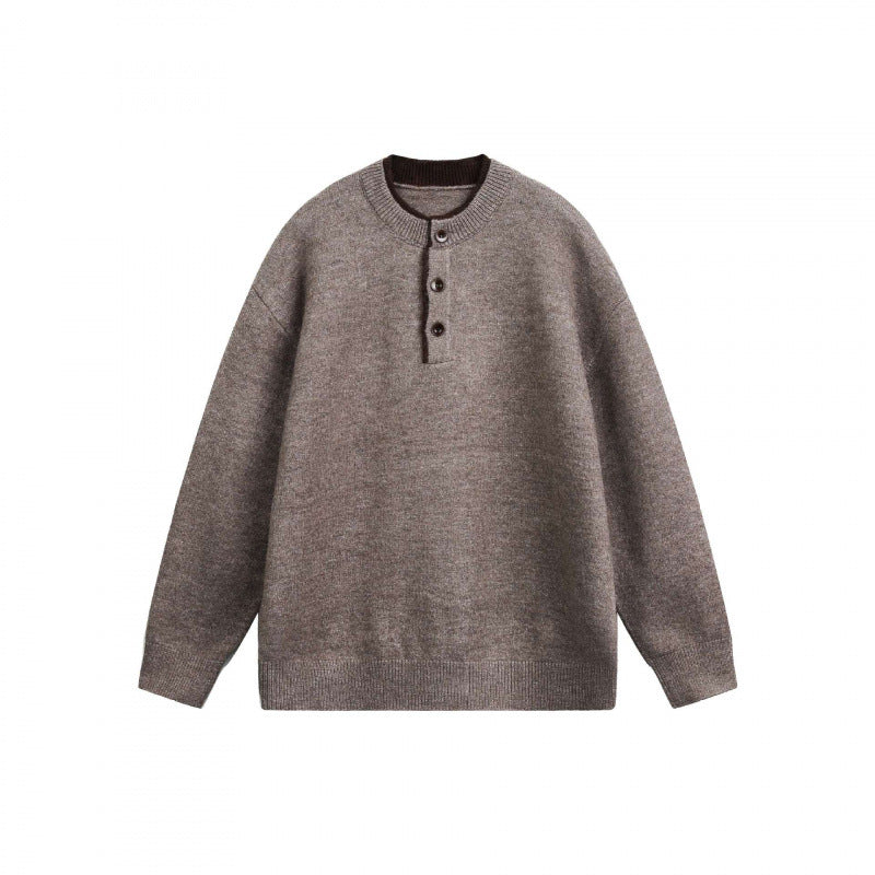 Unisex Grobgestrickter Henley-Pullover mit halber Knopfleiste und geripptem Ausschnitt Drune