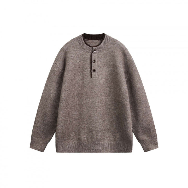 Unisex Grobgestrickter Henley-Pullover mit halber Knopfleiste und geripptem Ausschnitt Drune