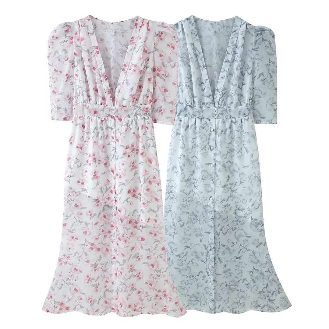 Damen Chiffon-Midikleid mit floraler Allover‑Optik, V‑Ausschnitt und geraffter Taille Drune