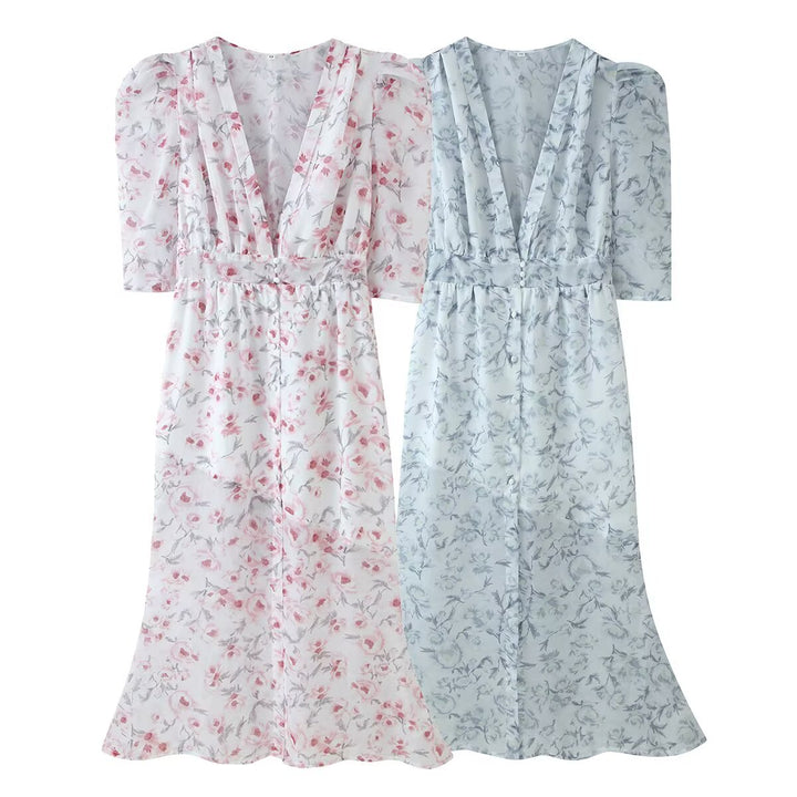 Damen Chiffon-Midikleid mit floraler Allover‑Optik, V‑Ausschnitt und geraffter Taille Drune