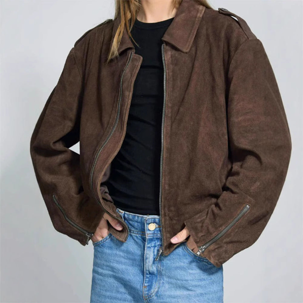 Damen lässige Kurzjacke aus weichem Material mit praktischen Reißverschlüssen Drune