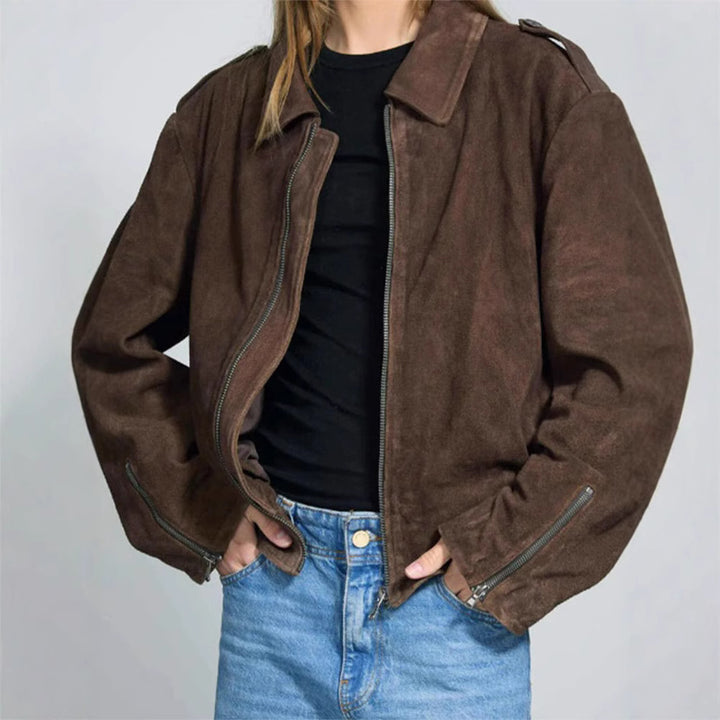 Damen lässige Kurzjacke aus weichem Material mit praktischen Reißverschlüssen Drune