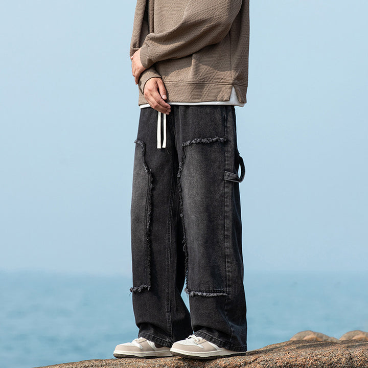 Herren Weite Denim-Cargohose mit Fransen-Patchtaschen und Tunnelzugbund Drune