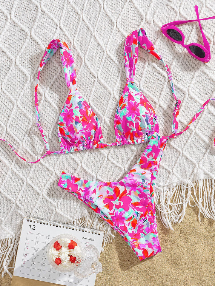 Damen Triangel-Bikini mit buntem Blumendesign und verstellbaren Trägern Drune