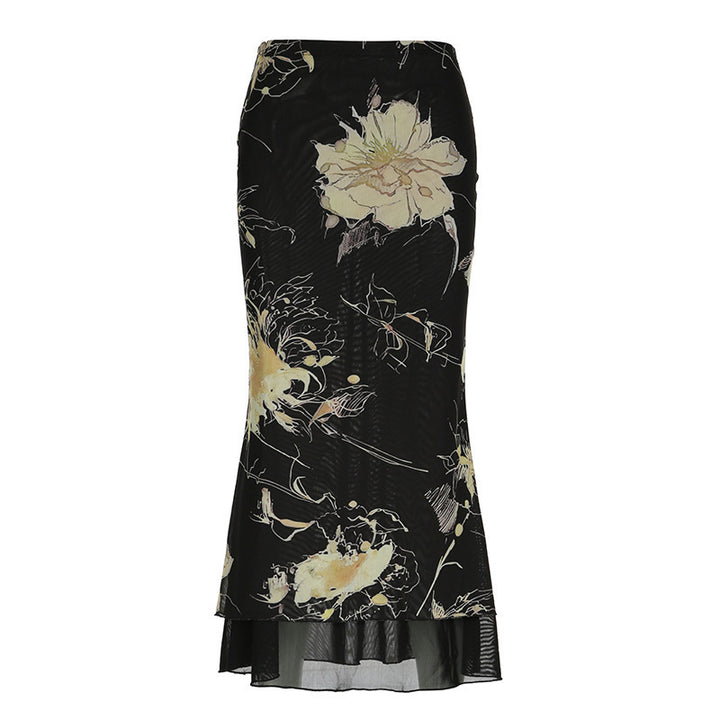 Damen Eleganter Maxirock mit floralem Muster und transparentem Untergrund Drune