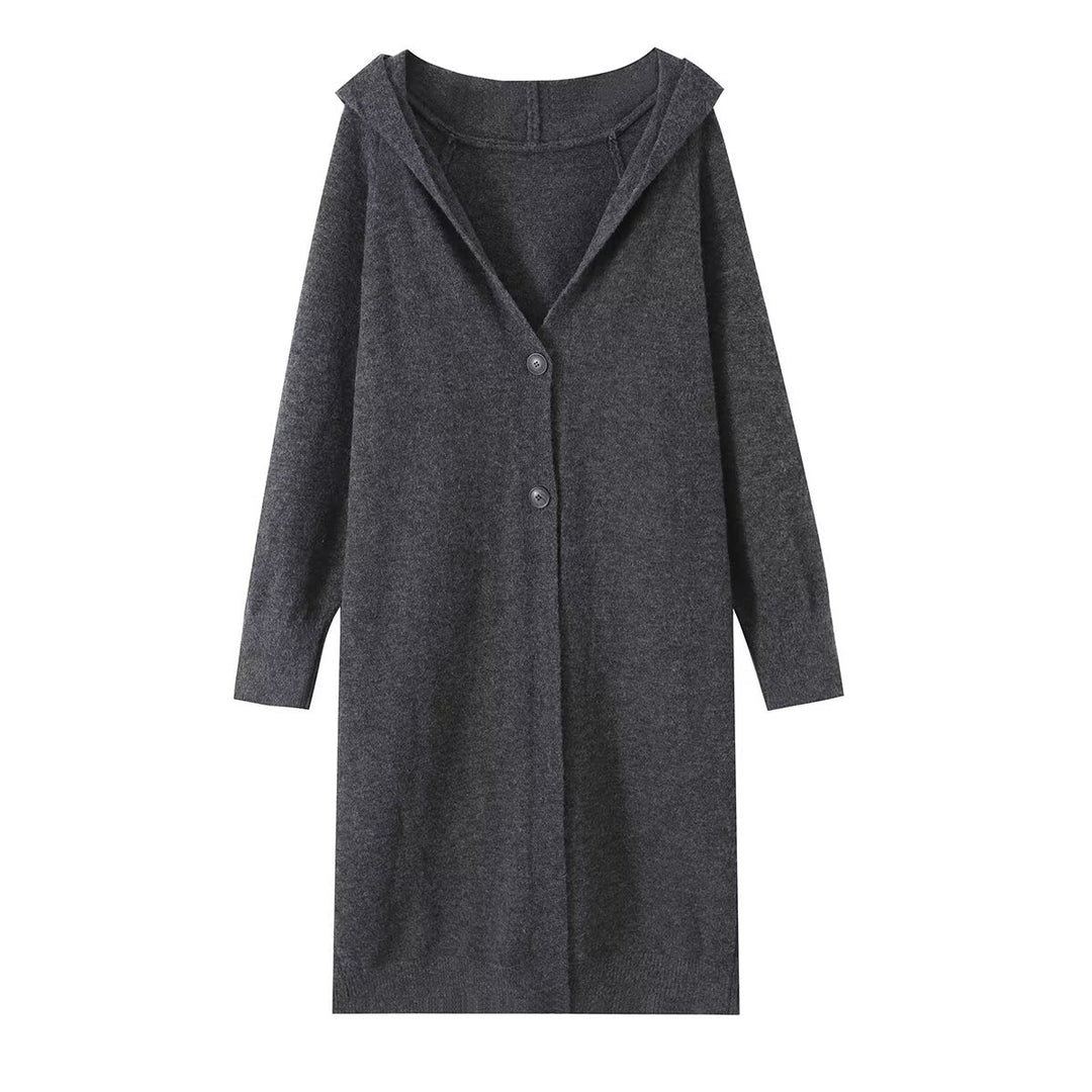 Damen Longline Strickcardigan mit Kapuze, Feinstrick und Knopfverschluss Drune