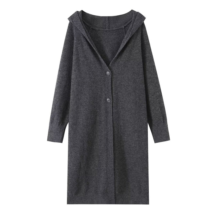 Damen Longline Strickcardigan mit Kapuze, Feinstrick und Knopfverschluss Drune