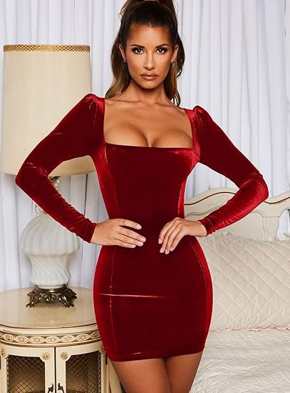 Damen Figurbetontes Samt-Minikleid mit quadratischem Ausschnitt und leichten Puffärmeln Drune
