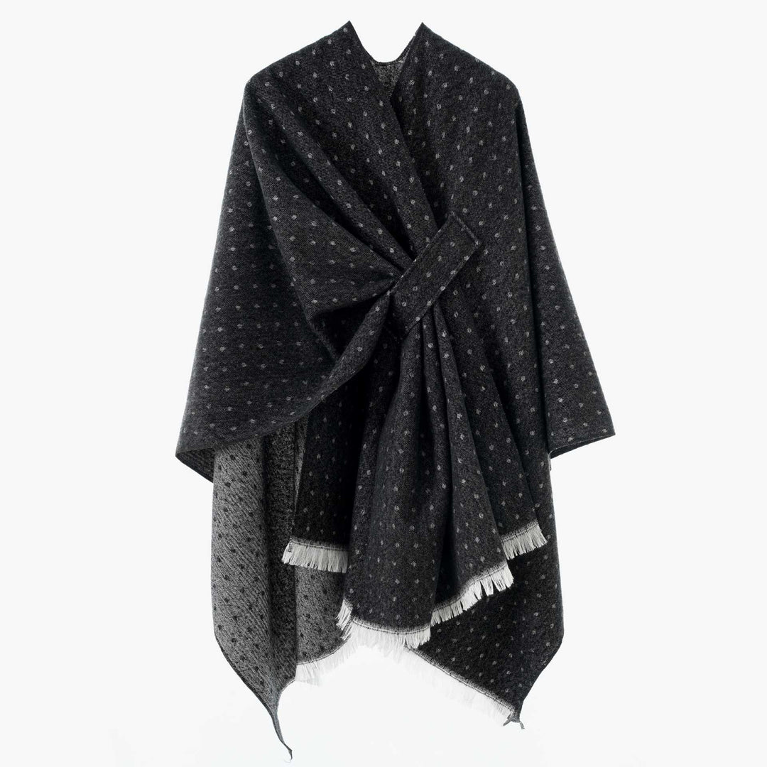 Damen Umlegbarer Wollmix-Poncho mit Hahnentritt-Jacquard und Bindegürtel Drune
