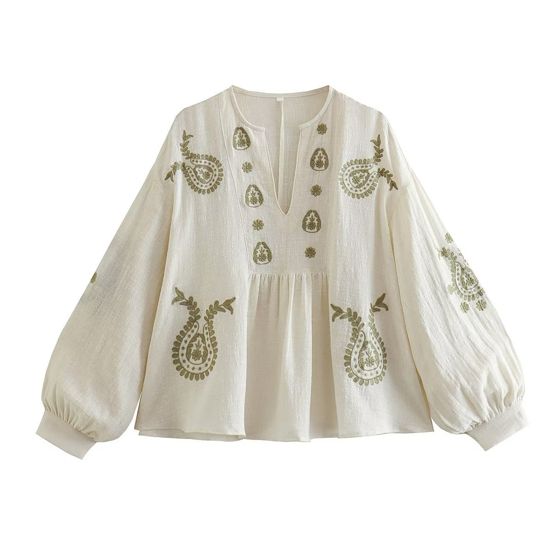 Damen nan bestickte Boho-Tunika mit Paisley-Stickerei, V-Ausschnitt und voluminösen Balloonärmeln Drune