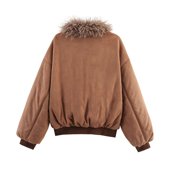 Damen kuschelige Wildlederjacke mit Fellkragen Drune