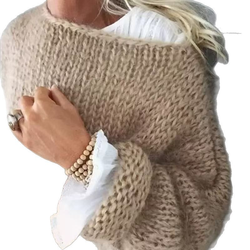 Damen lässiger Grobstrickpullover mit offenen Maschen und überschnittenen Schultern Drune