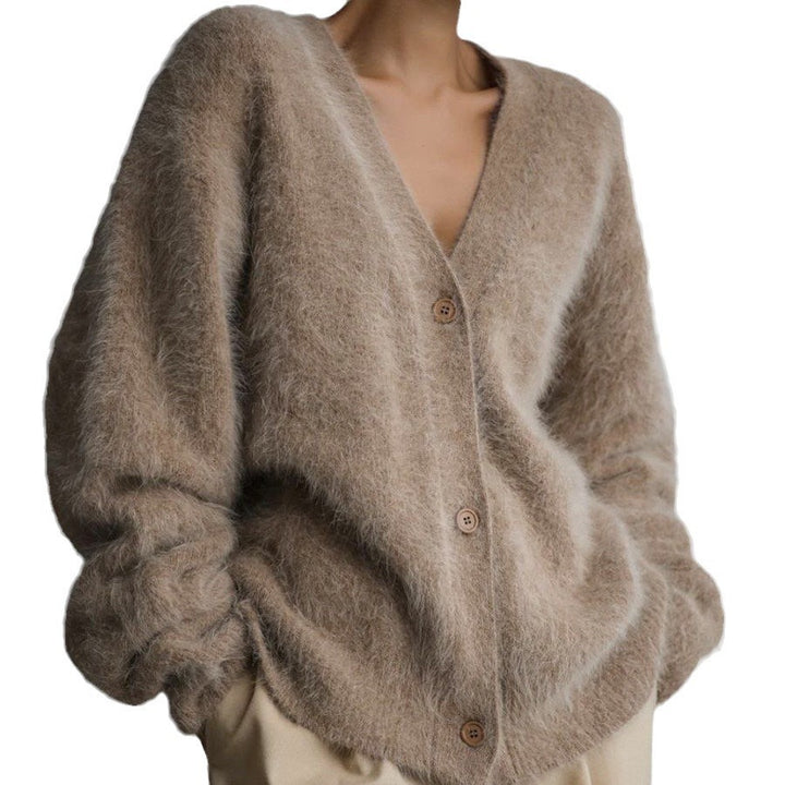 Damen Kuscheliger Oversize-Cardigan aus Teddy-Strick mit tiefem V-Ausschnitt Drune