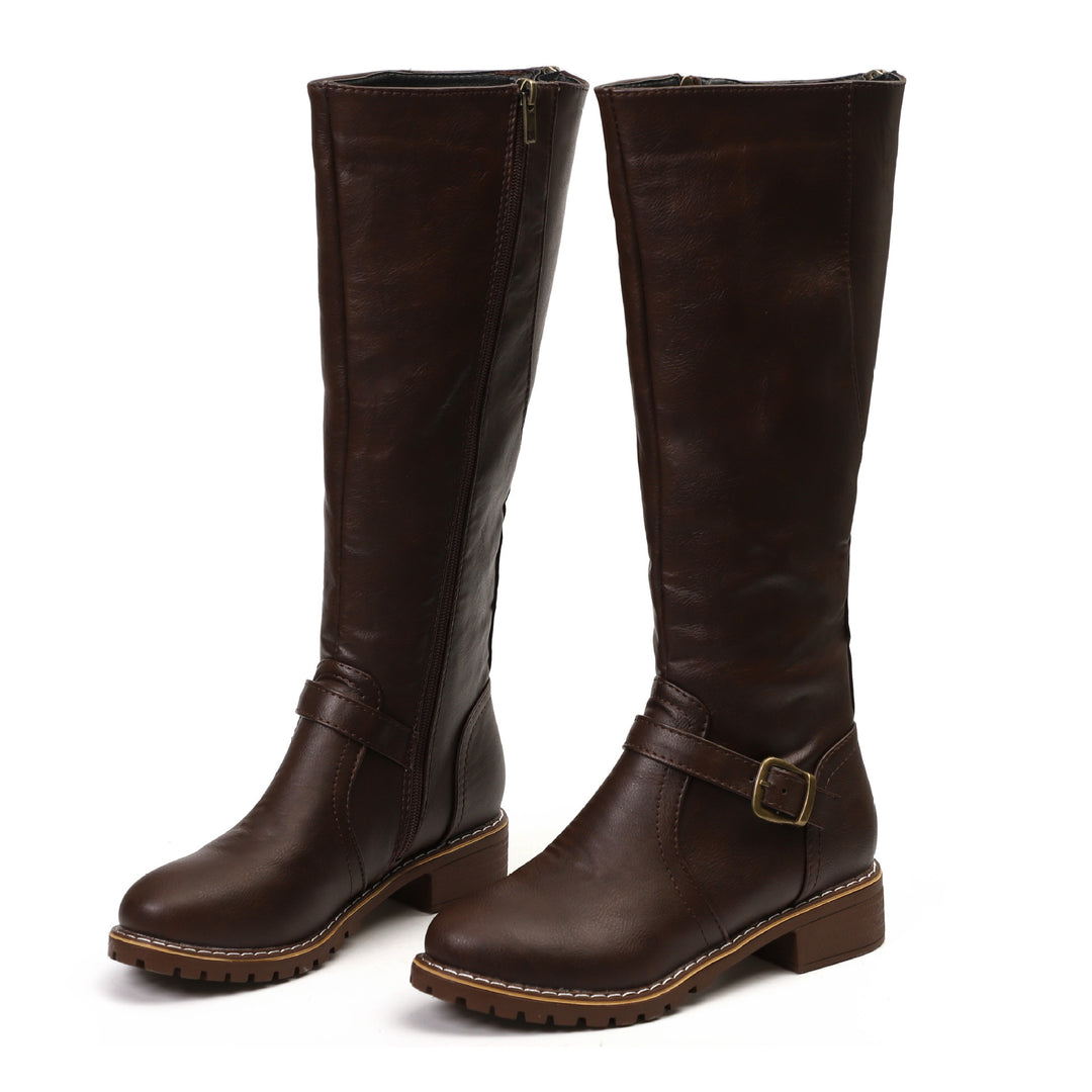 Damen Kniehohe Vintage-Bikerstiefel mit Blockabsatz und Zierspange Drune