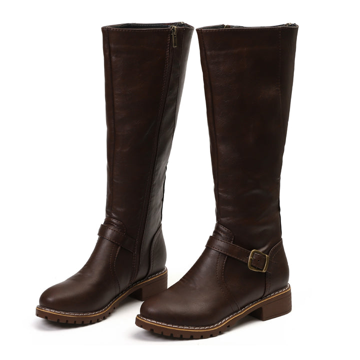 Damen Kniehohe Vintage-Bikerstiefel mit Blockabsatz und Zierspange Drune