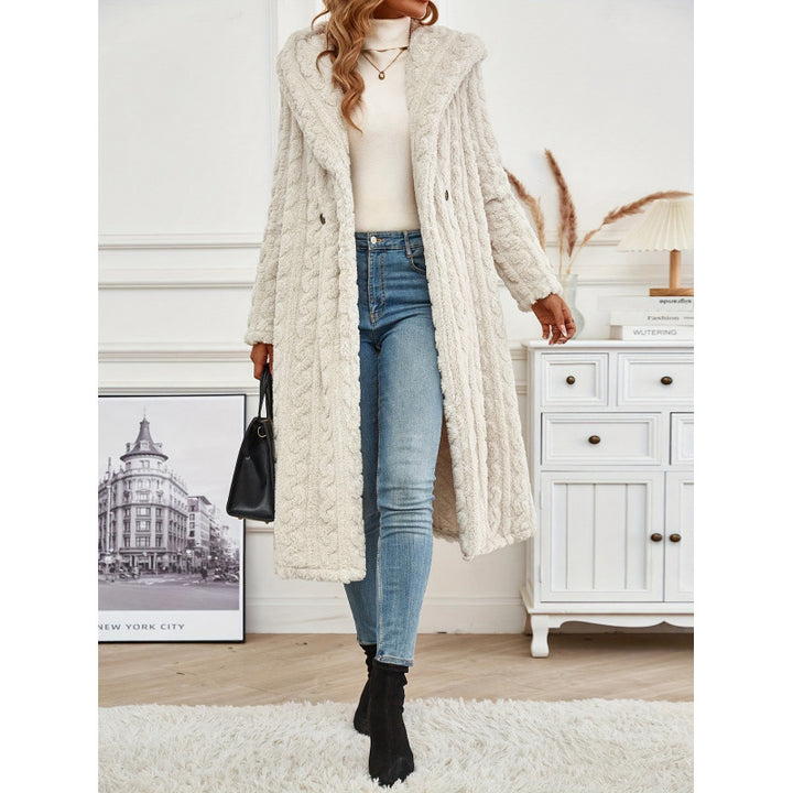 Damen Langer Strickmantel mit hohem Kragen und flauschiger Textur Drune