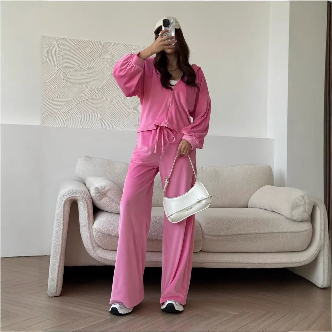 Damen luxuriöses Velours-Lounge-Set mit kurzem Reißverschluss-Hoodie und weitem High-Waist-Hose Drune