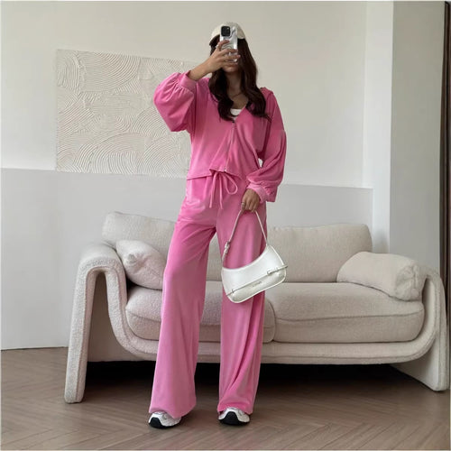 Damen luxuriöses Velours-Lounge-Set mit kurzem Reißverschluss-Hoodie und weitem High-Waist-Hose Drune