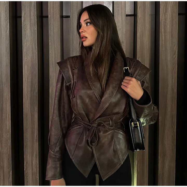 Damen modische Wildlederjacke mit tailliertem Schnitt und Bindegürtel Drune