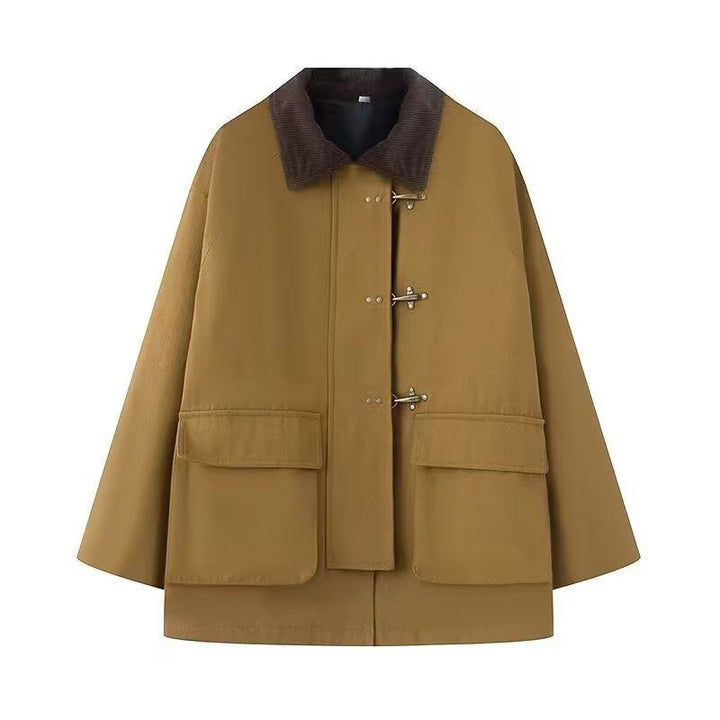Damen Oversize Kurzmantel mit Knebelverschlüssen und Cordkragen Drune