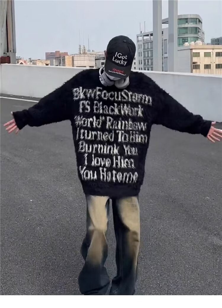 Unisex Oversized Pullover mit kreativem Schriftzug Drune