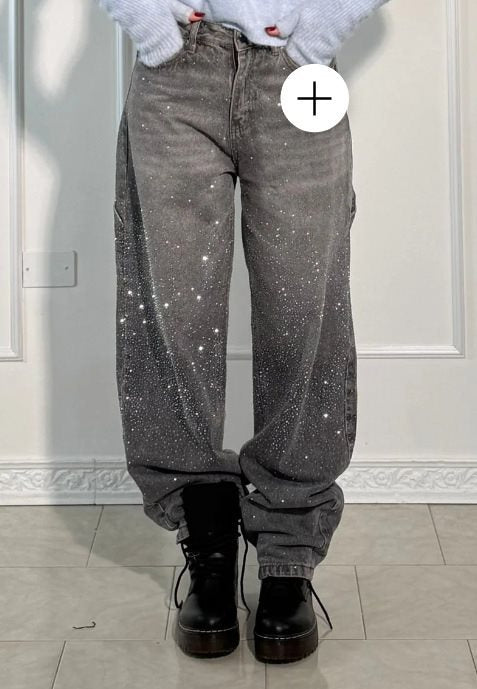 Damen High-Waist Jeans im weiten Cargo-Schnitt mit funkelndem Strassbesatz Drune