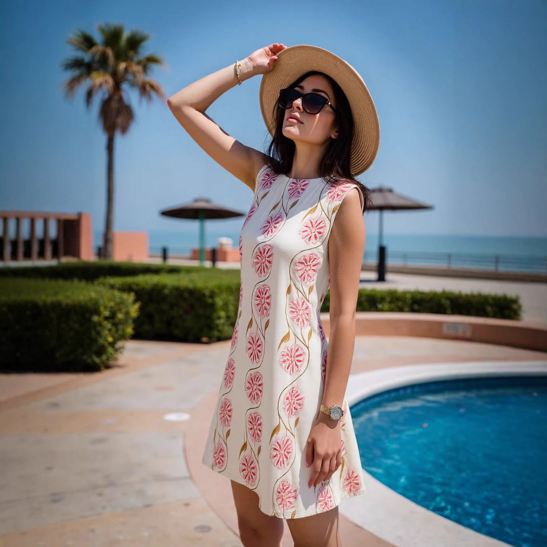 Damen Leichtes Ärmelloses Shift‑Midikleid mit zartem Blumenprint und geradem Ausschnitt Drune