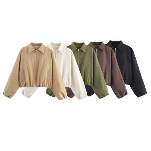 Damen nan cropped Blousonjacke mit Reißverschluss, Hemdkragen, Eingrifftaschen und elastischem Saum Drune