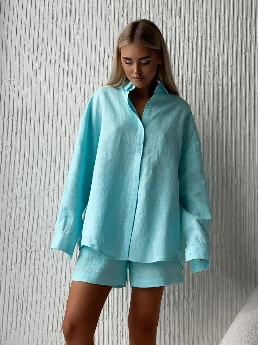 Damen lässige Leinenbluse und Shorts Set Drune