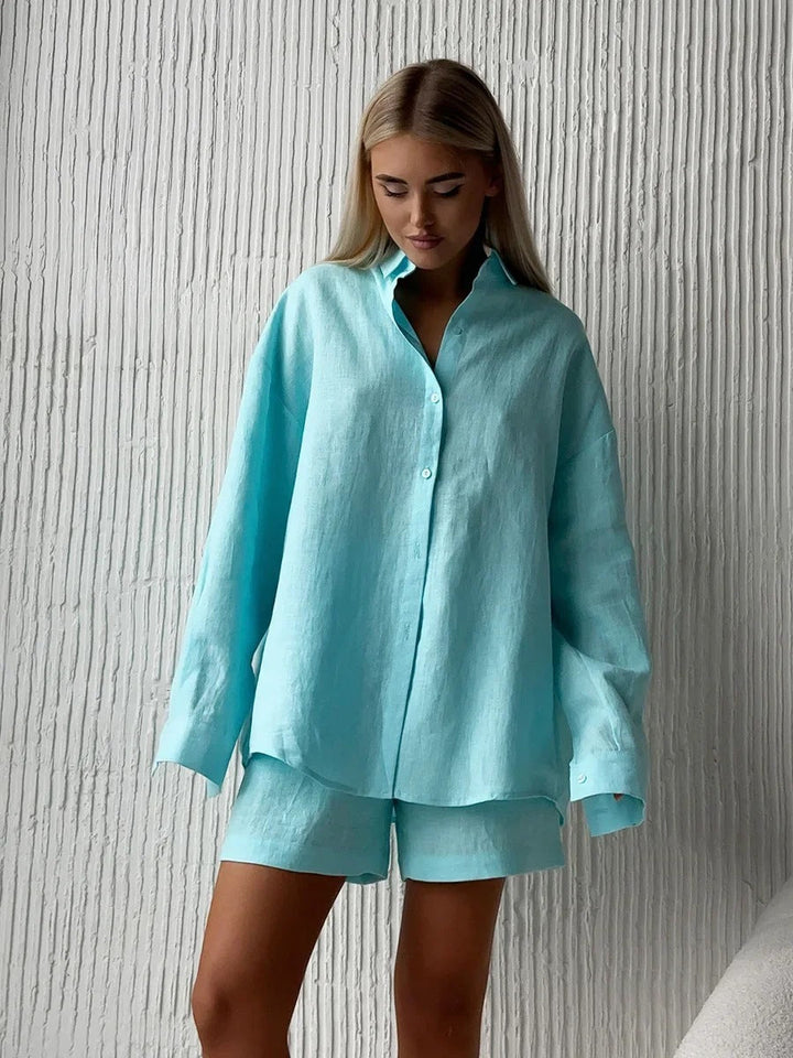 Damen lässige Leinenbluse und Shorts Set Drune