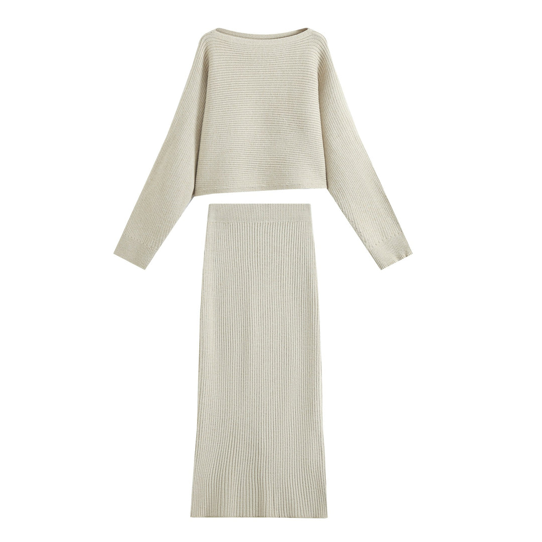 Damen Zweiteiliger gerippter Strick‑Set mit Cropped‑Pullover und Midirock Drune