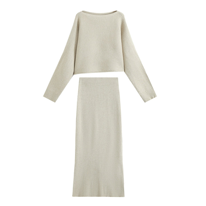 Damen Zweiteiliger gerippter Strick‑Set mit Cropped‑Pullover und Midirock Drune
