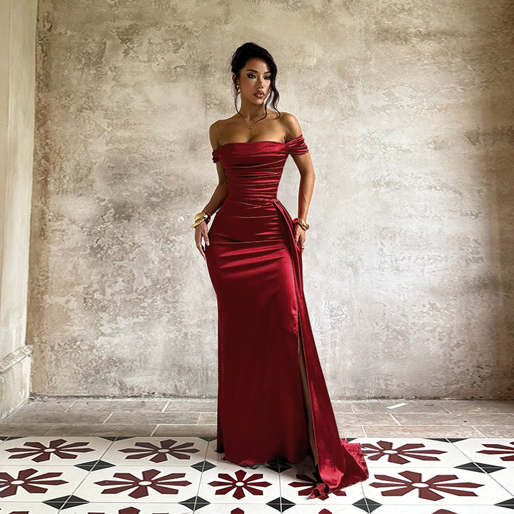 Damen Elegantes Off-Shoulder-Maxikleid aus luxuriösem Satin Drune