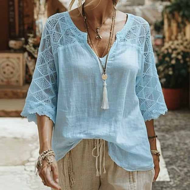 Damen nan locker fallende Tunika-Bluse im Boho-Stil mit gehäkelten Schulter- und Ärmeldetails Drune