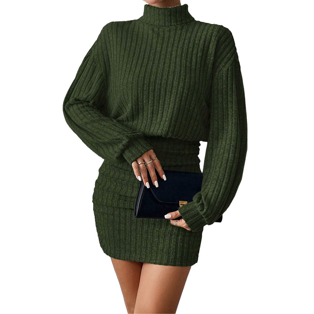 Damen gestricktes zweiteiliges Set mit Rollkragenpullover, geripptem Sculpting‑Minirock und Oversize-Ärmeln Drune