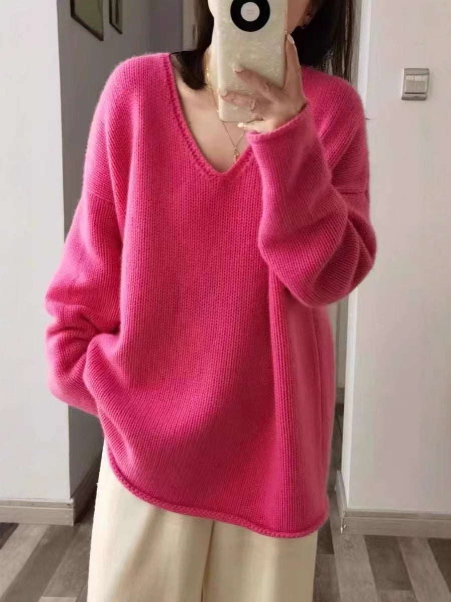Damen Oversize V‑Ausschnitt Pullover im Mohair‑Look mit überschnittener Schulter und gerundetem Saum Drune