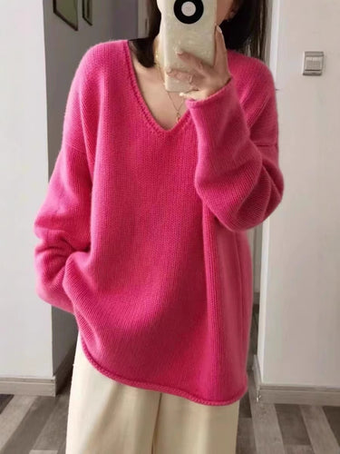 Damen Oversize V‑Ausschnitt Pullover im Mohair‑Look mit überschnittener Schulter und gerundetem Saum Drune
