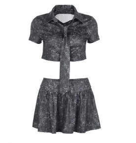 Damen Crop-Shirt und Rock Set mit Kentkragen und Bindeband Drune