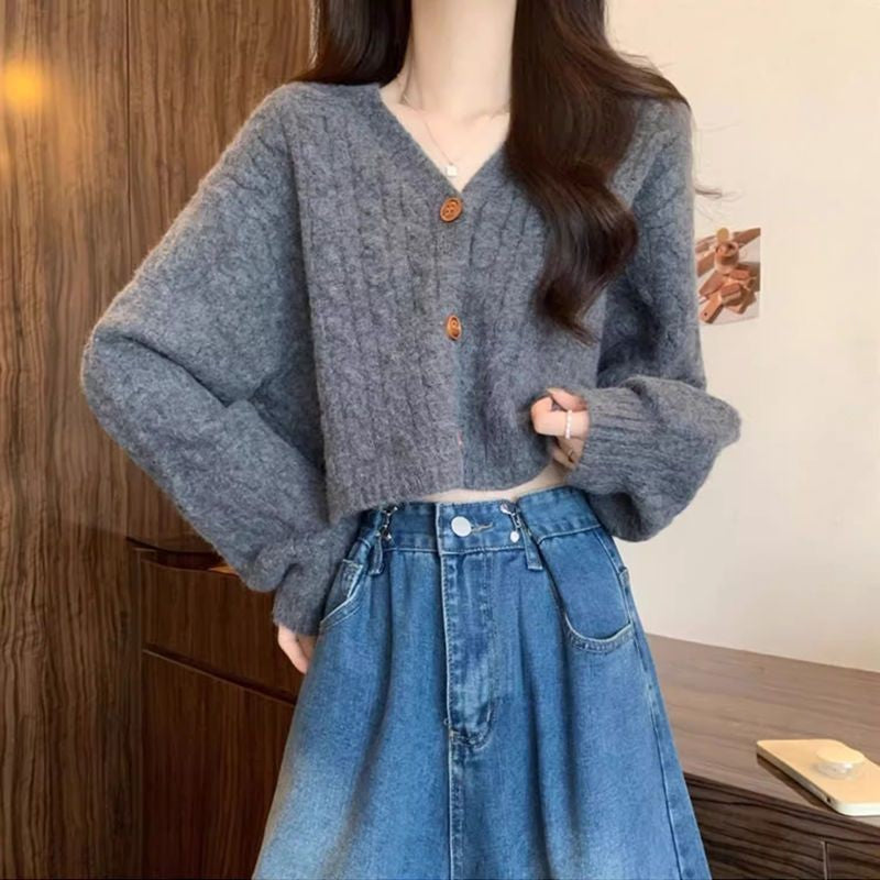 Damen Grobstrick-Cardigan mit Knopfdetails und tiefem V-Ausschnitt Drune