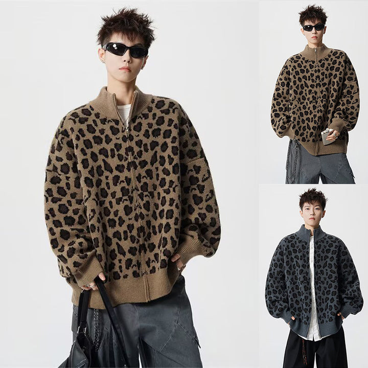Herren Modische Strickjacke mit Leopardenmuster und hohem Kragen Drune