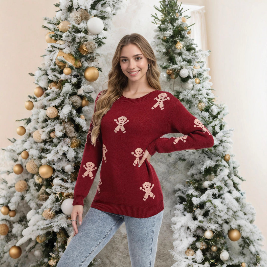 Damen Strickpullover mit festlichem Lebkuchenmotiv und weitem Schnitt Drune