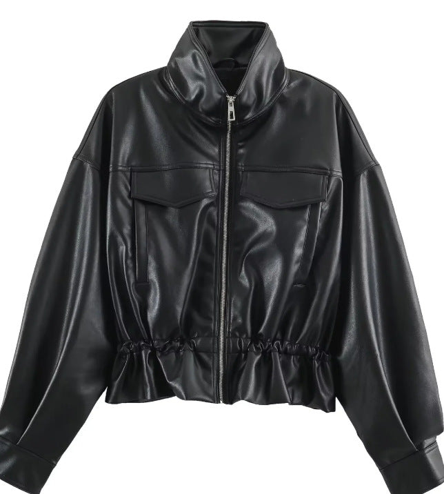 Damen Cropped Kunstleder‑Blouson mit Stehkragen, Pattentaschen und Tunnelzugtaillierung Drune