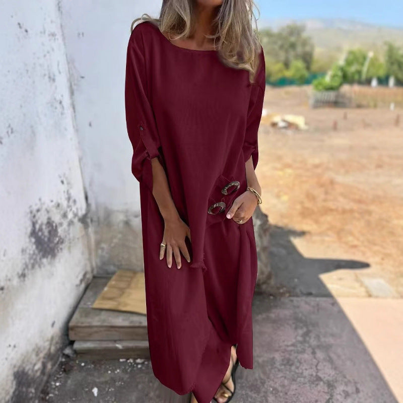 Damen Lässiges Maxikleid mit tiefem Rundhalsausschnitt und praktischen Knopfdetails Drune