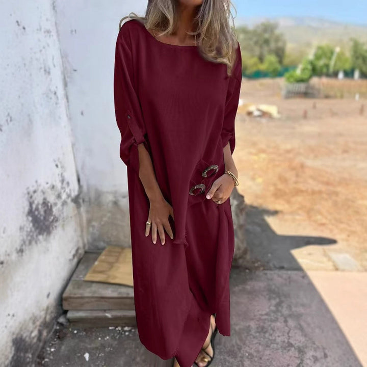 Damen Lässiges Maxikleid mit tiefem Rundhalsausschnitt und praktischen Knopfdetails Drune