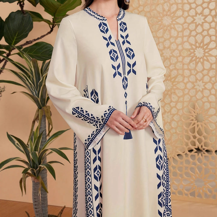 Damen Kaftan-Kleid mit kunstvollem besticktem Design und elegantem V-Ausschnitt Drune