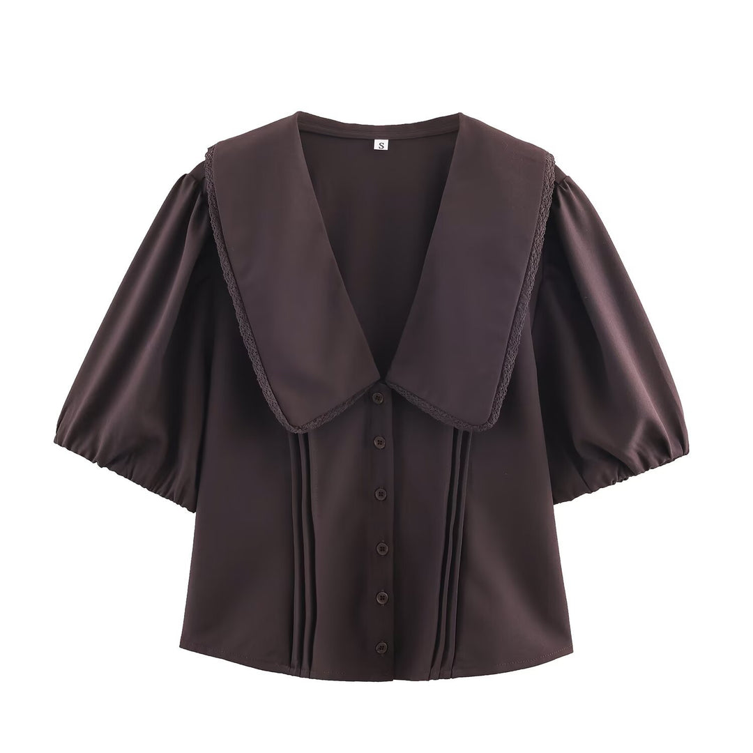 Damen Bluse mit übergroßem Matrosenkragen, Puffärmeln und Kellerfalten Drune