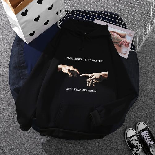 Damen nan Oversize Kapuzenpullover mit Kängurutasche und Renaissance‑Handmotiv, weiches Fleece Innenfutter Drune