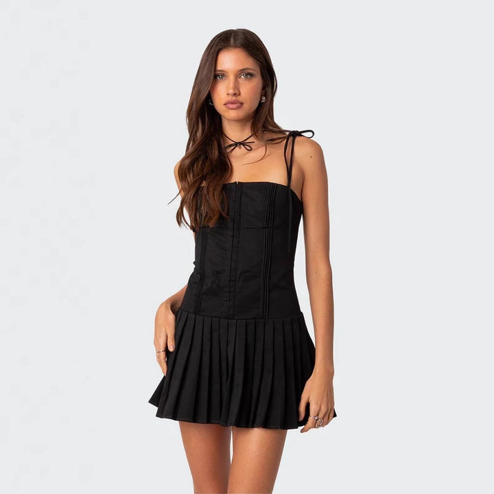 Damen Neckholder Minikleid mit Faltenrock und tailliertem Oberteil Drune
