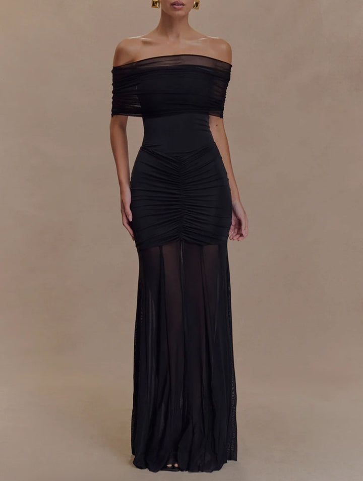 Damen nan schulterfreies Abendkleid mit figurbetontem Jersey-Unterkleid und transparenter Chiffon-Überrock Drune